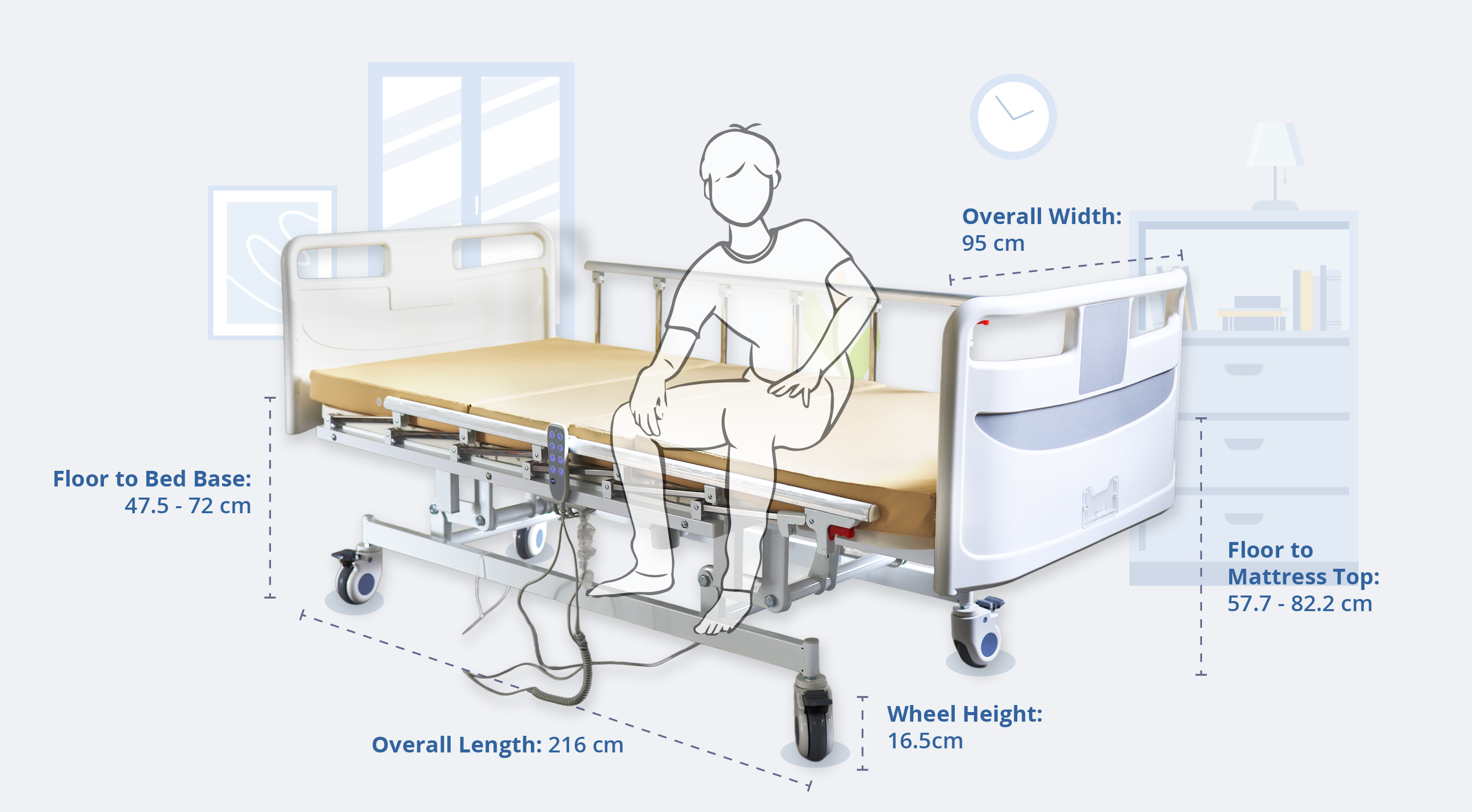 Measurements of the 3-Crank Electrical Hospital Bed Lux Plus