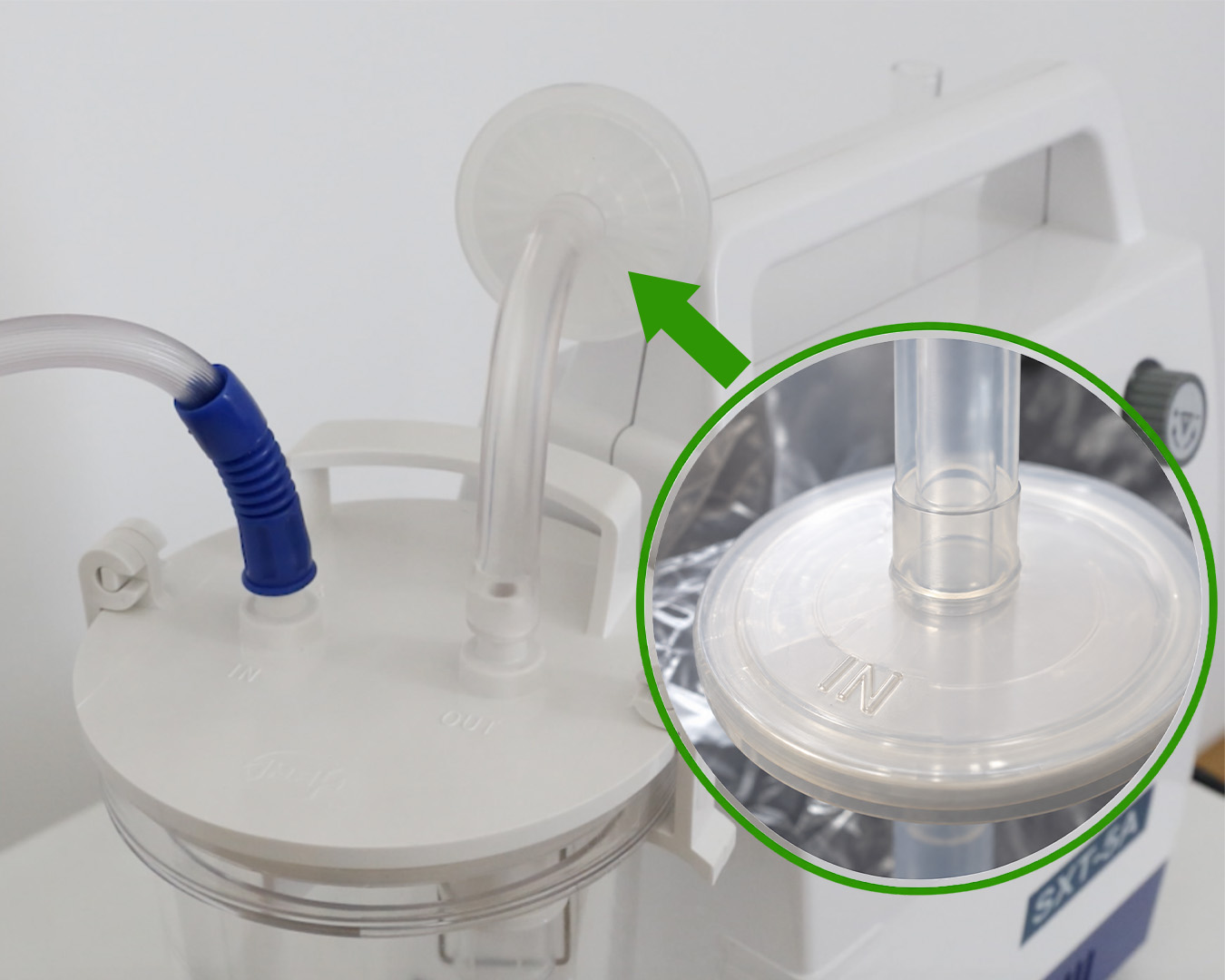IN side of suction pump filter connected towards the suction canister