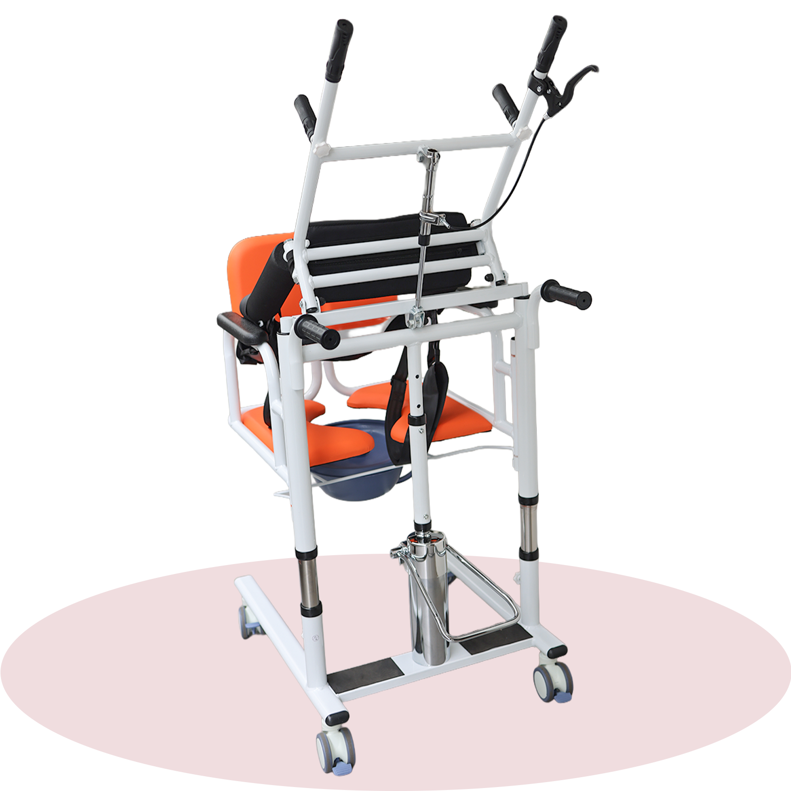 Orange mobile transfer aid with patient lift