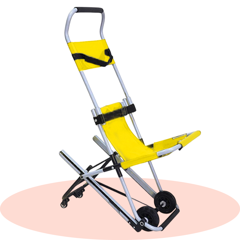 stair climber wheelchair in an upright position. It looks like a wheelchair but serves as a portable stair lift that is not fixed in one location.